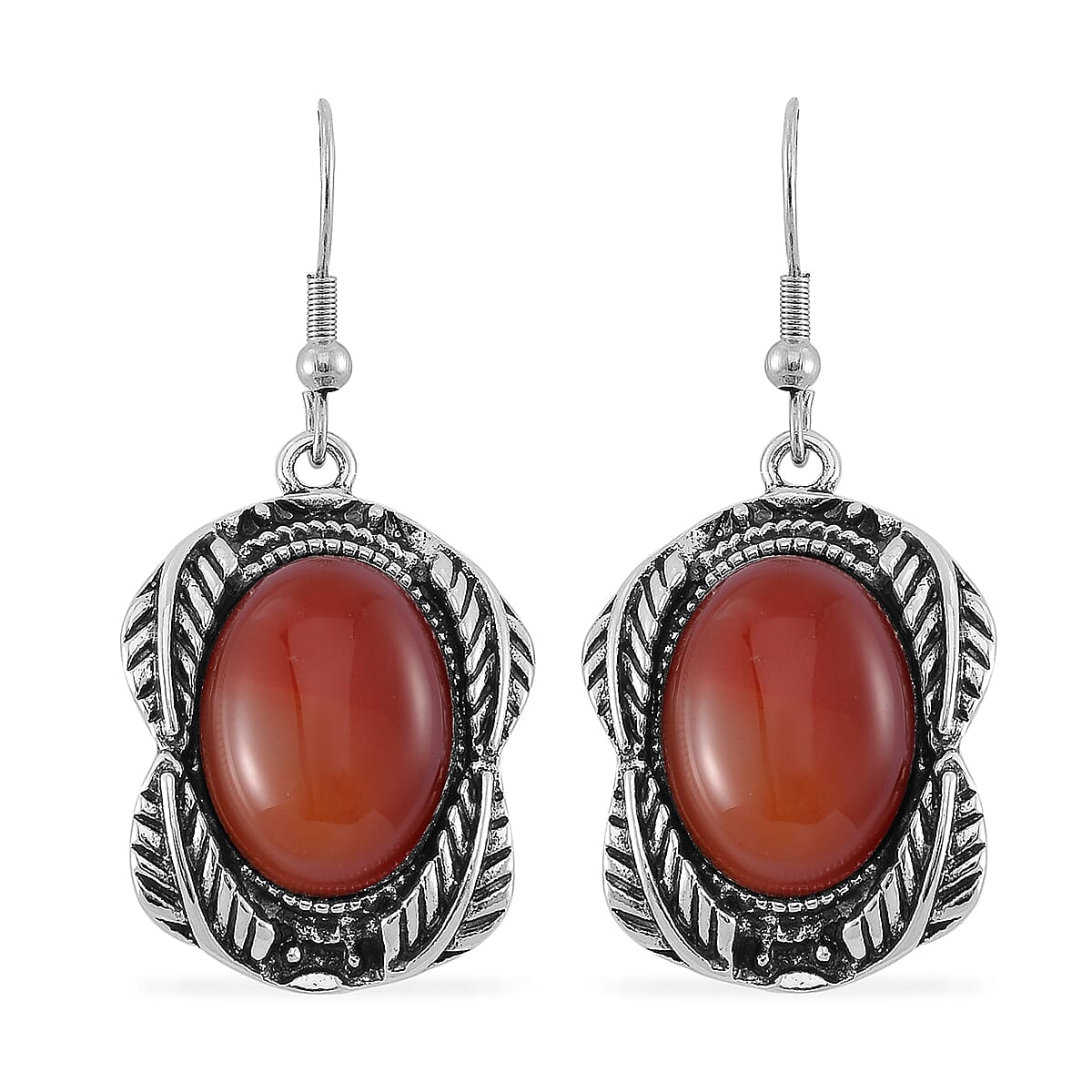 Set of 2 Red Carnelian 150.00 ctw Cuff Bracelet (7.5 In) and Earrings in Silvertone