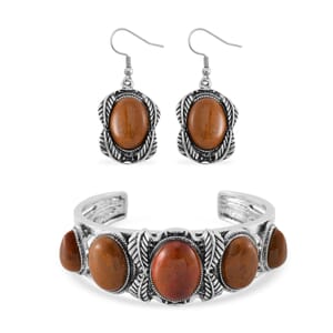 Set of 2 Rainbow Jasper 150.00 ctw Cuff Bracelet (7.5 In) and Earrings in Silvertone