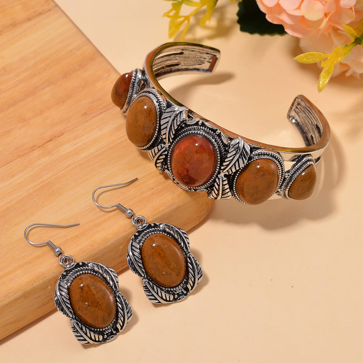 Set of 2 Rainbow Jasper 150.00 ctw Cuff Bracelet (7.5 In) and Earrings in Silvertone image number 1