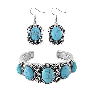 Set of 2 Constituted Blue Howlite 150.00 ctw Cuff Bracelet (7.5 In) and Earrings in Silvertone