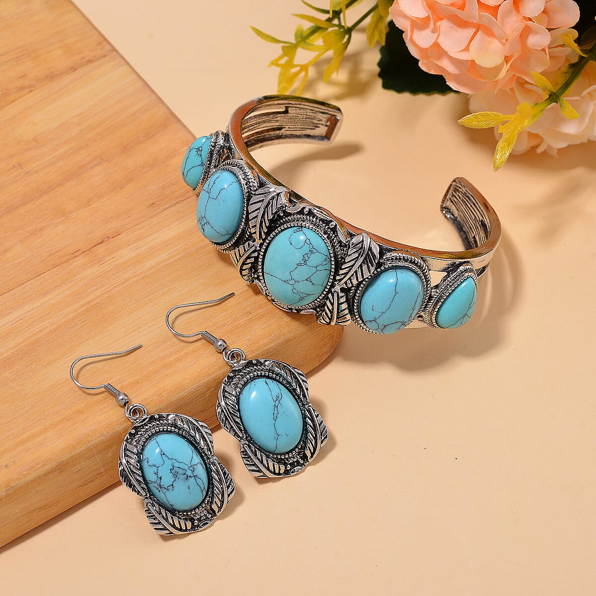 Set of 2 Constituted Blue Howlite 150.00 ctw Cuff Bracelet (7.5 In) and Earrings in Silvertone image number 1