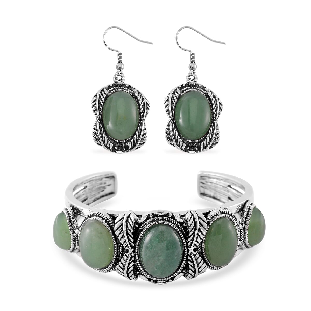 Set of 2 Green Aventurine 150.00 ctw Cuff Bracelet (7.5 In) and Earrings in Silvertone image number 0