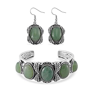 Set of 2 Green Aventurine 150.00 ctw Cuff Bracelet (7.5 In) and Earrings in Silvertone