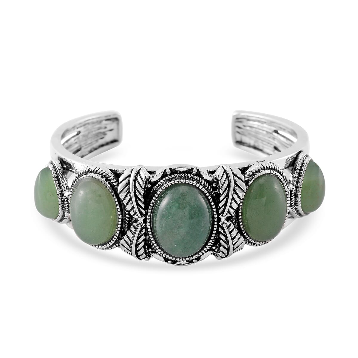 Set of 2 Green Aventurine 150.00 ctw Cuff Bracelet (7.5 In) and Earrings in Silvertone image number 2