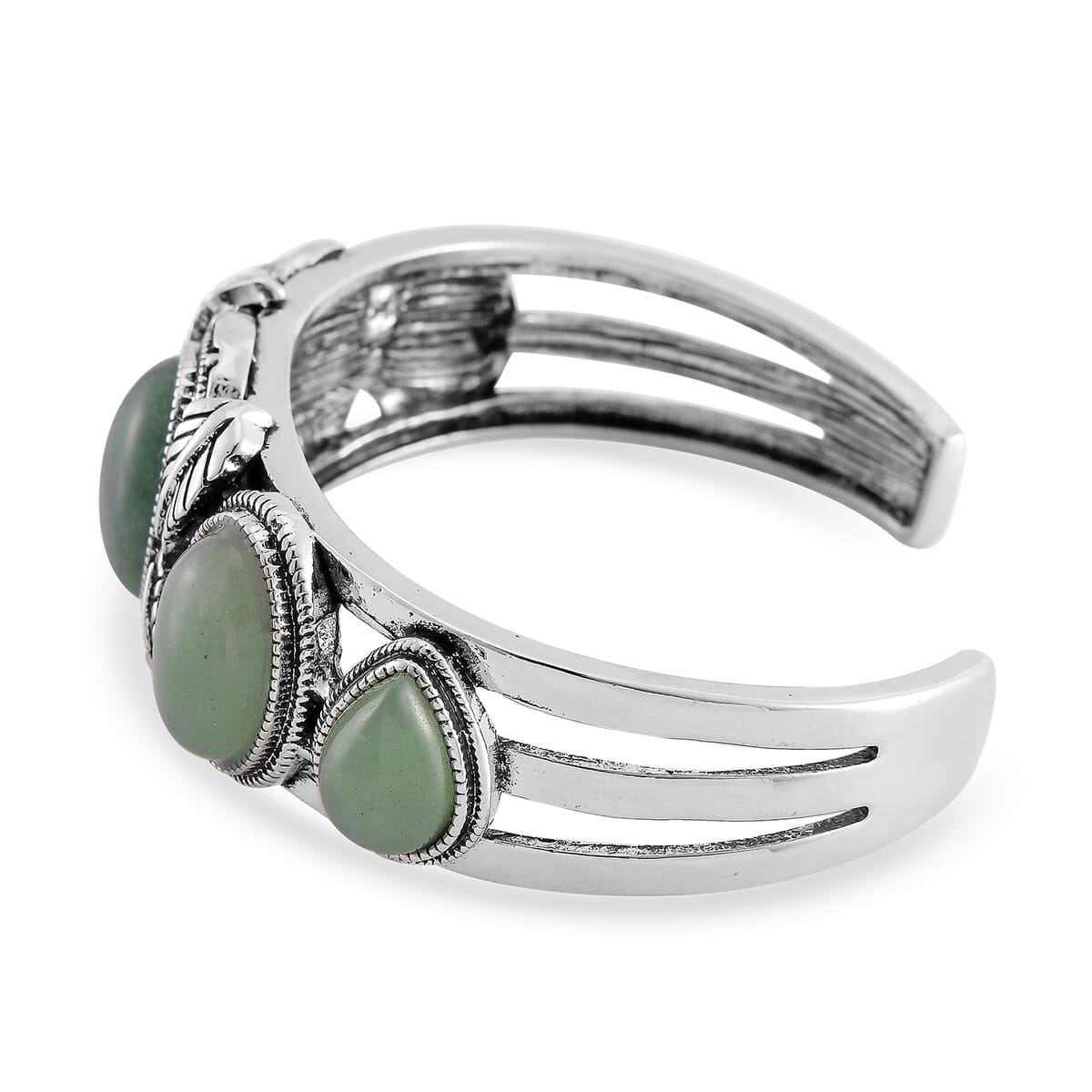 Set of 2 Green Aventurine 150.00 ctw Cuff Bracelet (7.5 In) and Earrings in Silvertone image number 3