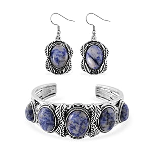 Set of 2 Sodalite 150.00 ctw Cuff Bracelet (7.5 In) and Earrings in Silvertone