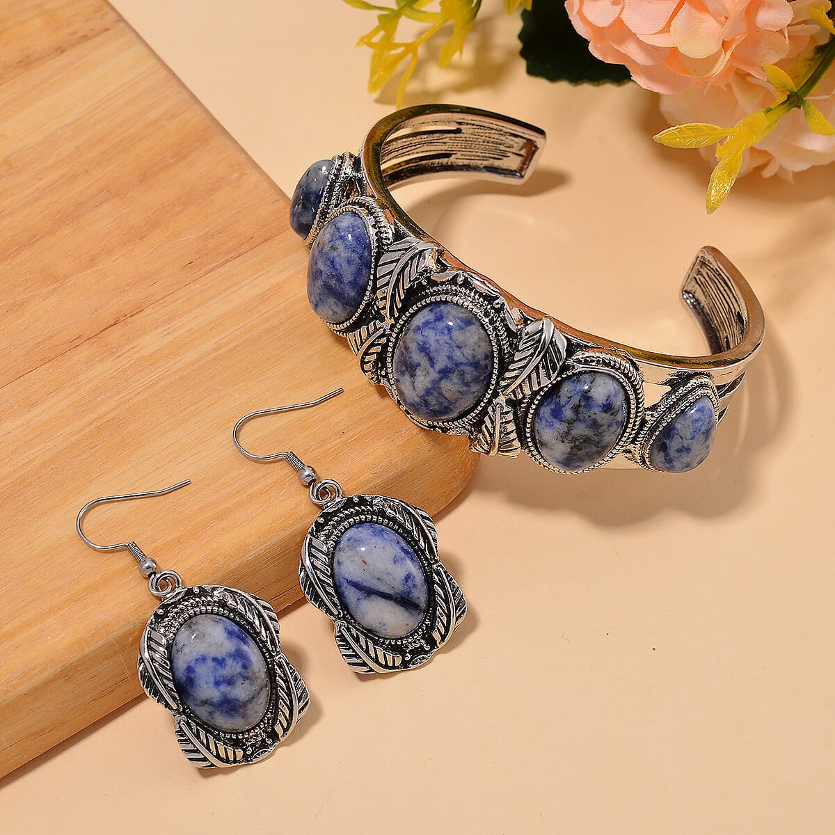 Set of 2 Sodalite 150.00 ctw Cuff Bracelet (7.5 In) and Earrings in Silvertone image number 1