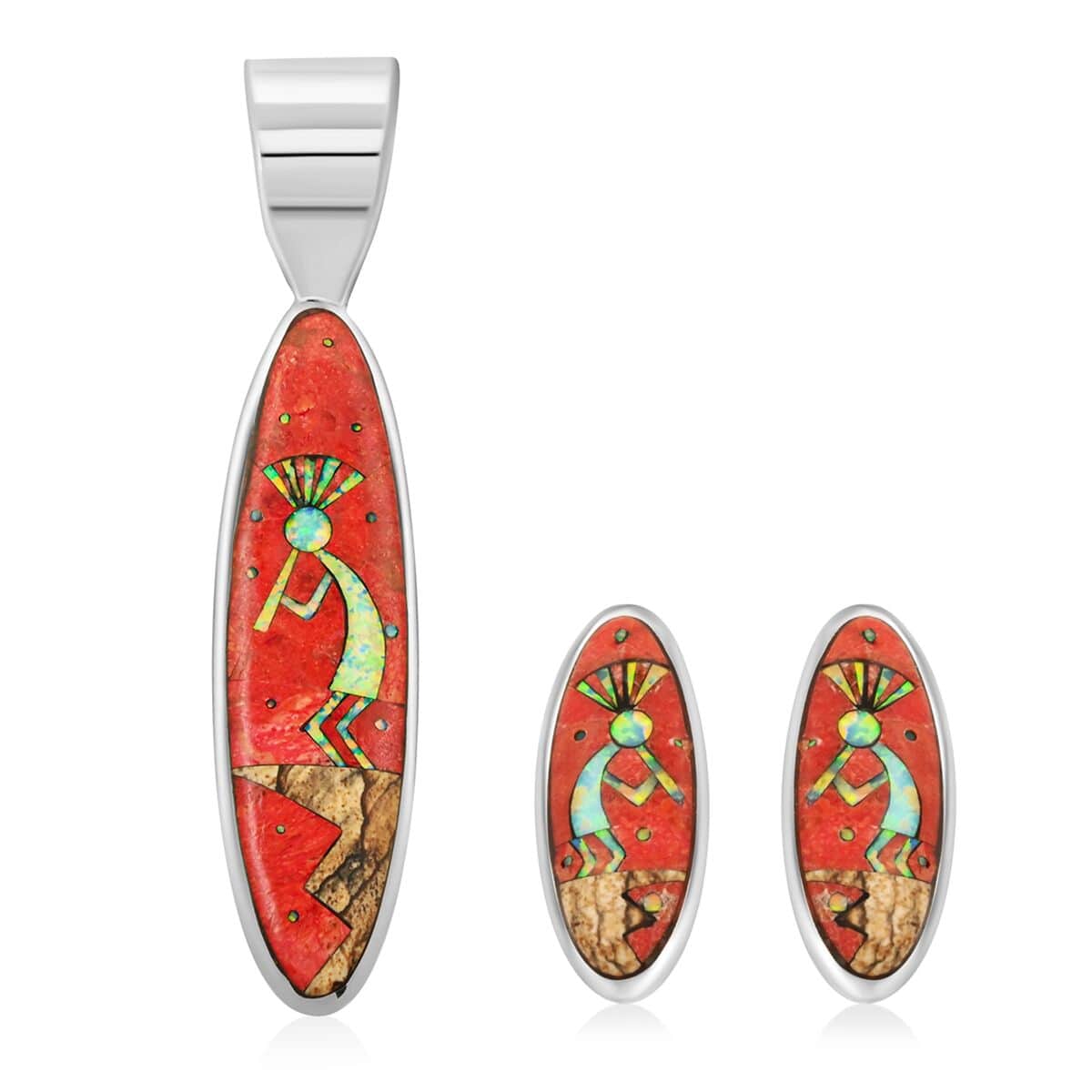 Santa Fe Style Red Coral 10.70 ctw Kokopelli Pendant and Earrings in Sterling Silver image number 0