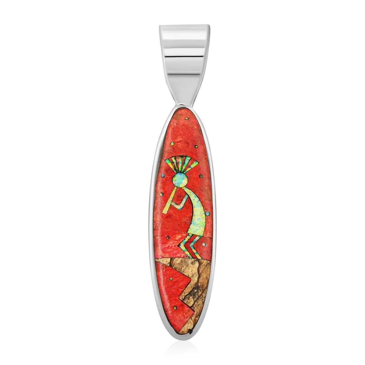 Santa Fe Style Red Coral 10.70 ctw Kokopelli Pendant and Earrings in Sterling Silver image number 2