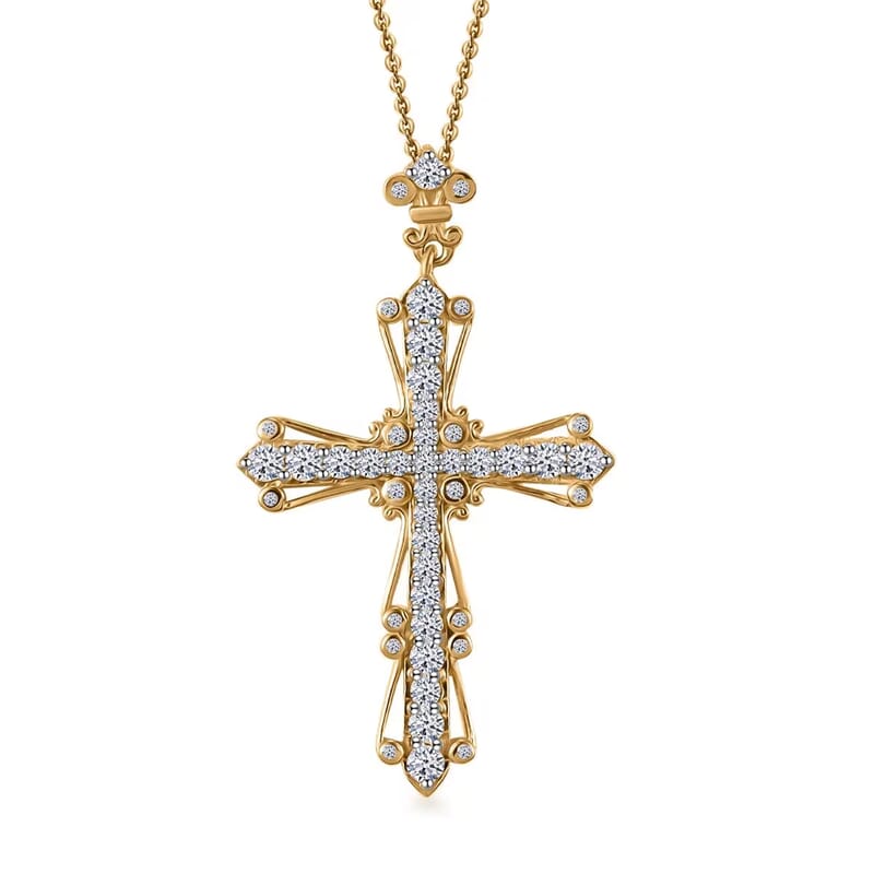 Luxuriant Lab Grown Diamond G-H SI 1.00 ctw Cross Pendant Necklace in 18K Vermeil Yellow Gold Over Sterling Silver 20 Inches