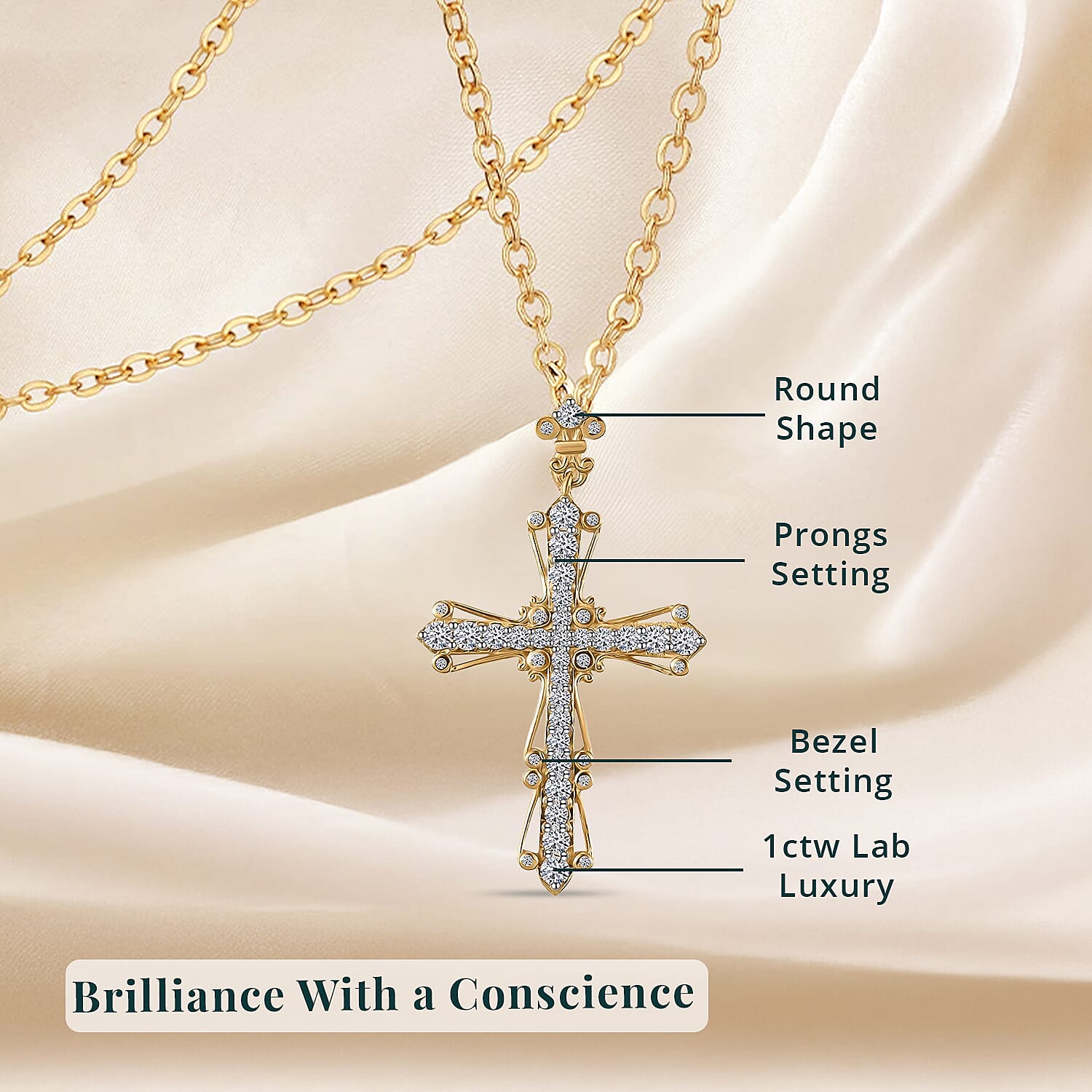 Luxuriant Lab Grown Diamond G-H SI 1.00 ctw Cross Pendant Necklace in 18K Vermeil Yellow Gold Over Sterling Silver 20 Inches