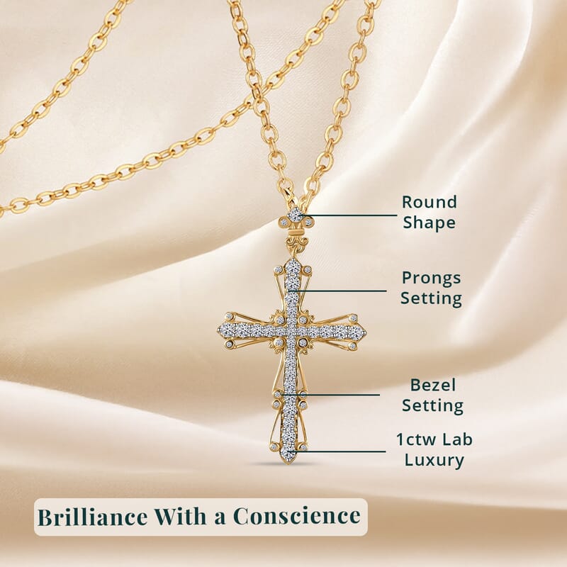 Luxuriant Lab Grown Diamond G-H SI 1.00 ctw Cross Pendant Necklace in 18K Vermeil Yellow Gold Over Sterling Silver 20 Inches