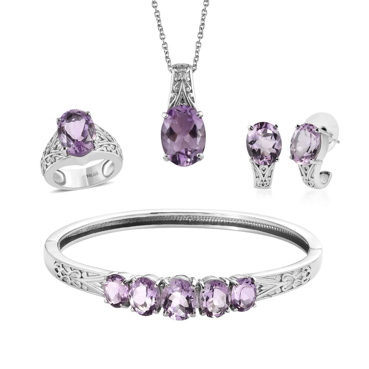 Rose De France Amethyst 31.70 ctw Bangle Bracelet (7.25In), Earrings, Ring (Size 6.0) and Pendant Necklace 20 Inches in Stainless Steel image number 0