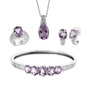 Rose De France Amethyst 31.70 ctw Bangle Bracelet (7.25In), Earrings, Ring (Size 6.0) and Pendant Necklace 20 Inches in Stainless Steel
