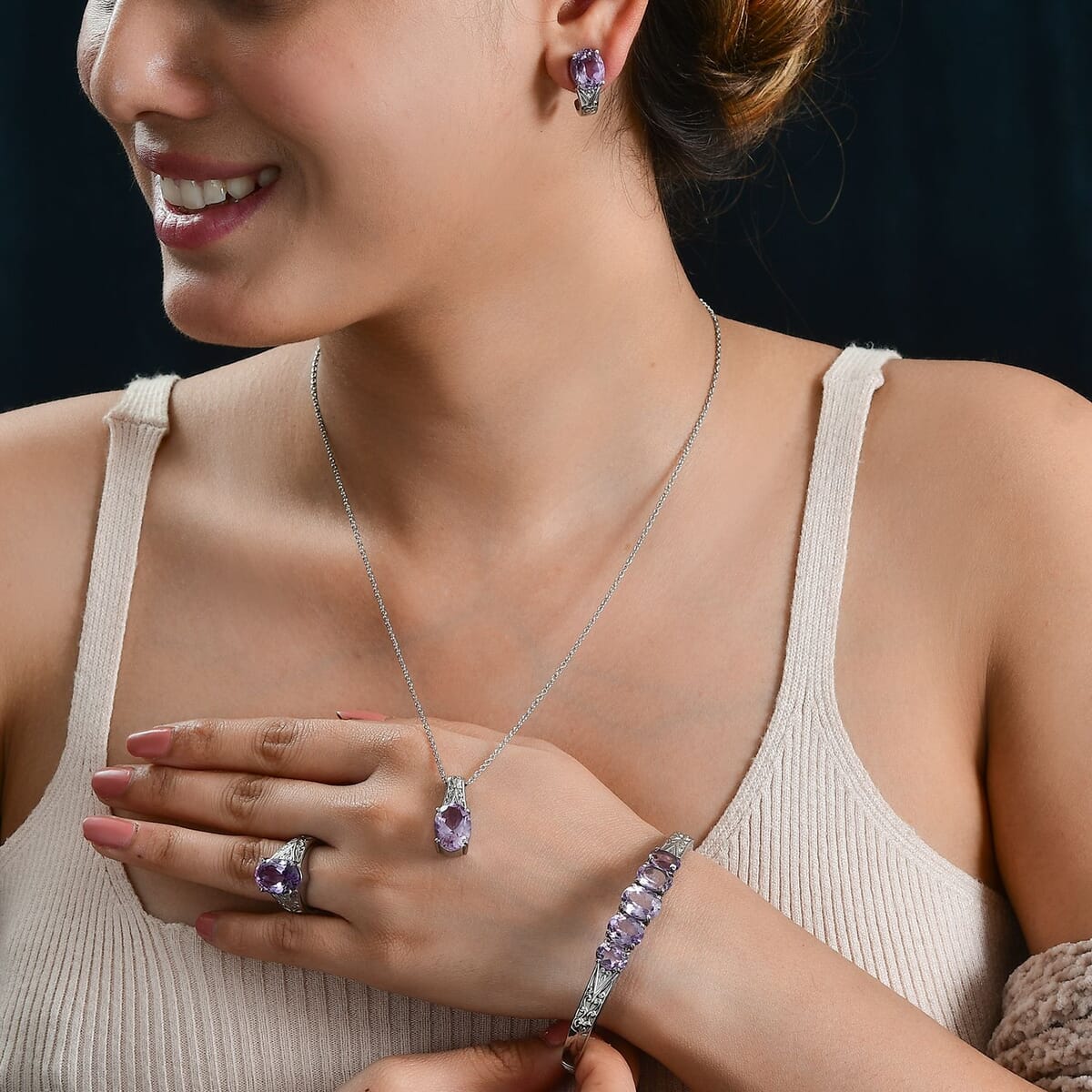 Rose De France Amethyst 31.70 ctw Bangle Bracelet (7.25In), Earrings, Ring (Size 6.0) and Pendant Necklace 20 Inches in Stainless Steel image number 6