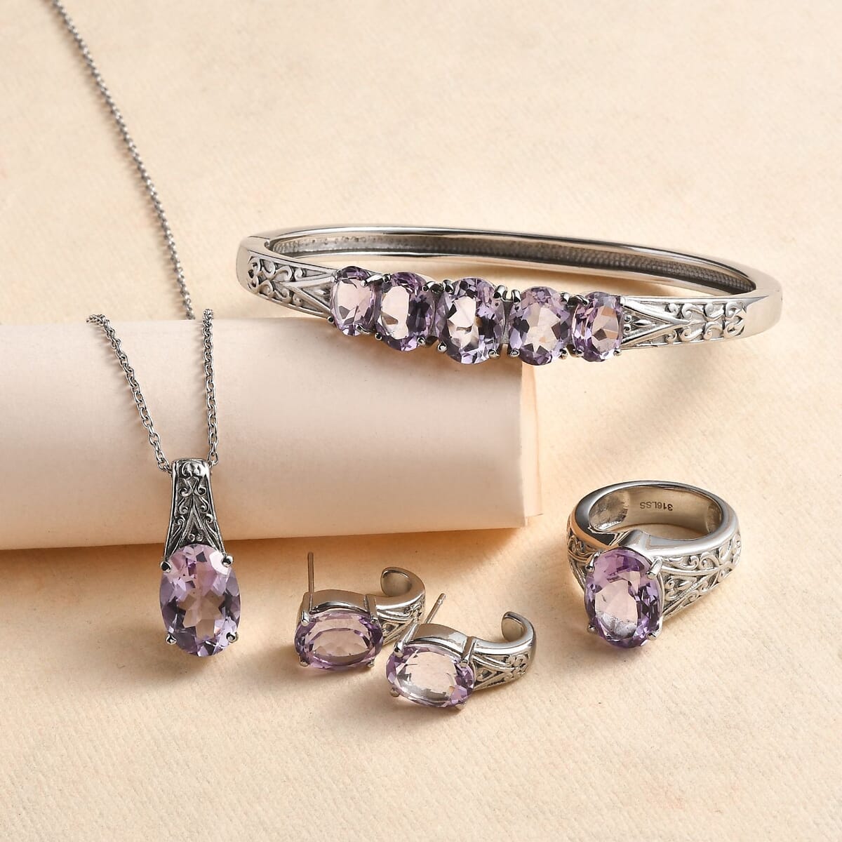 Rose De France Amethyst 31.70 ctw Bangle Bracelet (7.25In), Earrings, Ring (Size 7.0) and Pendant Necklace 20 Inches in Stainless Steel image number 1