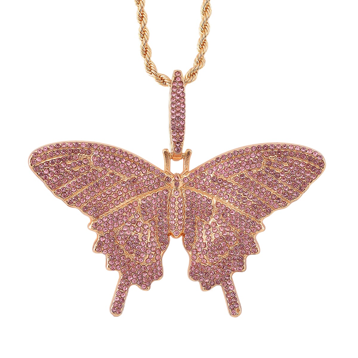 Pink Austrian Crystal Butterfly Pendant Necklace (24 Inches) in Goldtone image number 0