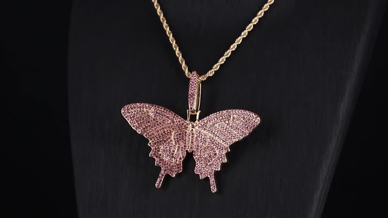Pink Austrian Crystal Butterfly Pendant Necklace (24 Inches) in Goldtone