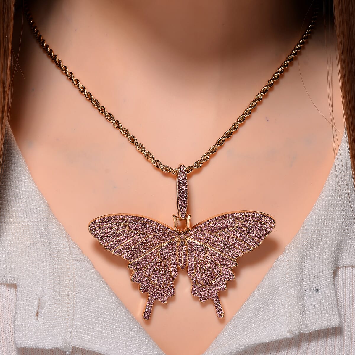 Pink Austrian Crystal Butterfly Pendant Necklace (24 Inches) in Goldtone image number 1