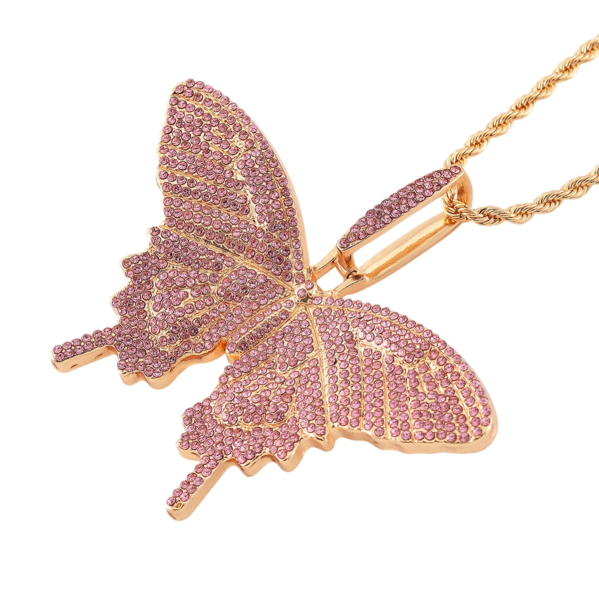 Pink Austrian Crystal Butterfly Pendant Necklace (24 Inches) in Goldtone image number 2