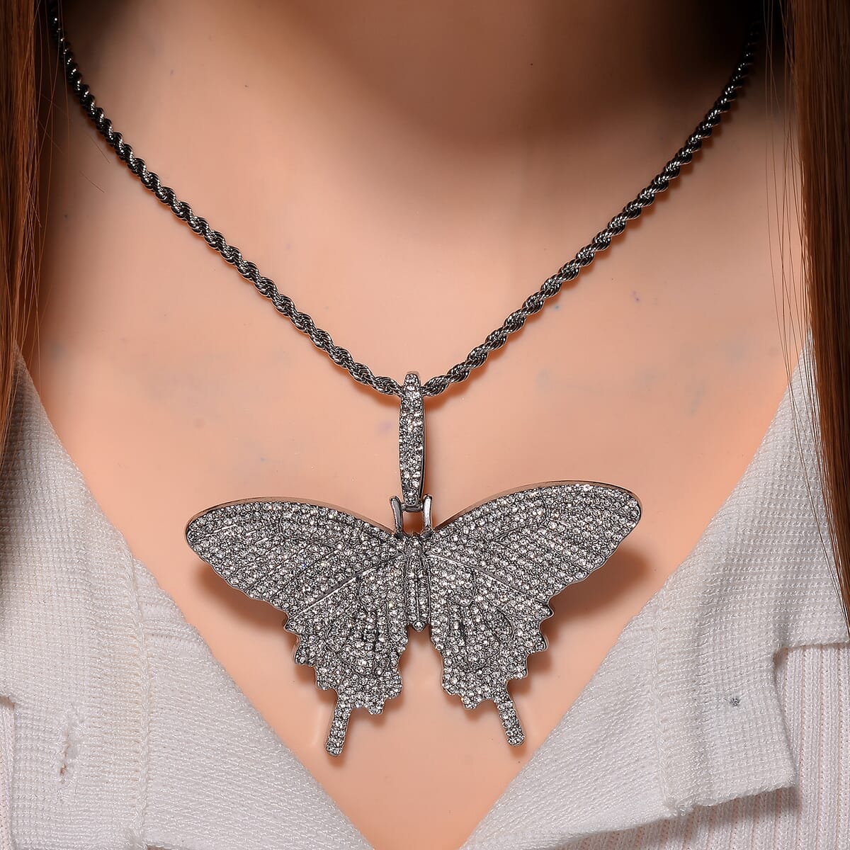 Austrian Crystal Butterfly Pendant Necklace 24 Inches in Silvertone image number 1