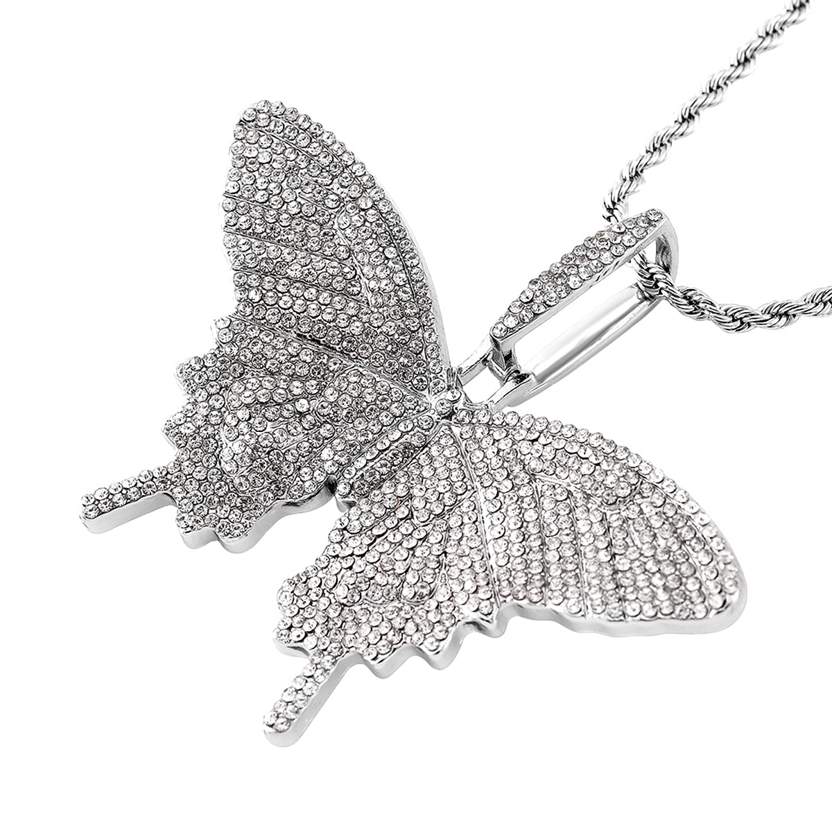 Austrian Crystal Butterfly Pendant Necklace 24 Inches in Silvertone image number 2