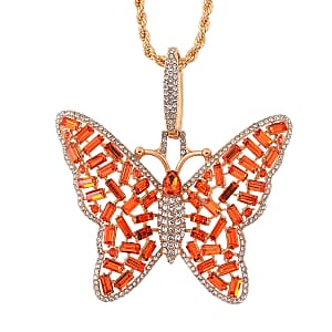Orange and White Austrian Crystal Butterfly Pendant Necklace in Goldtone 24 Inches