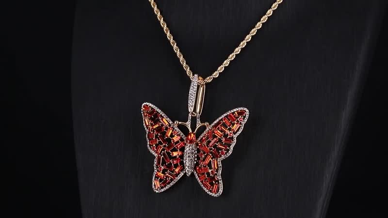 Orange and White Austrian Crystal Butterfly Pendant Necklace in Goldtone 24 Inches