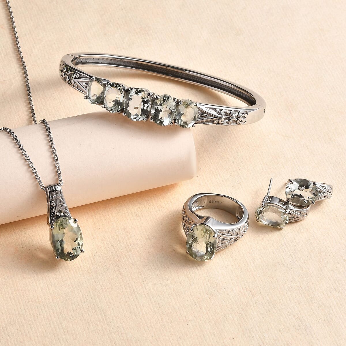 Montezuma Prasiolite 29.85 ctw Bangle Bracelet (7.25In), Earrings, Ring (Size 6.0) and Pendant Necklace 20 Inches in Stainless Steel image number 1