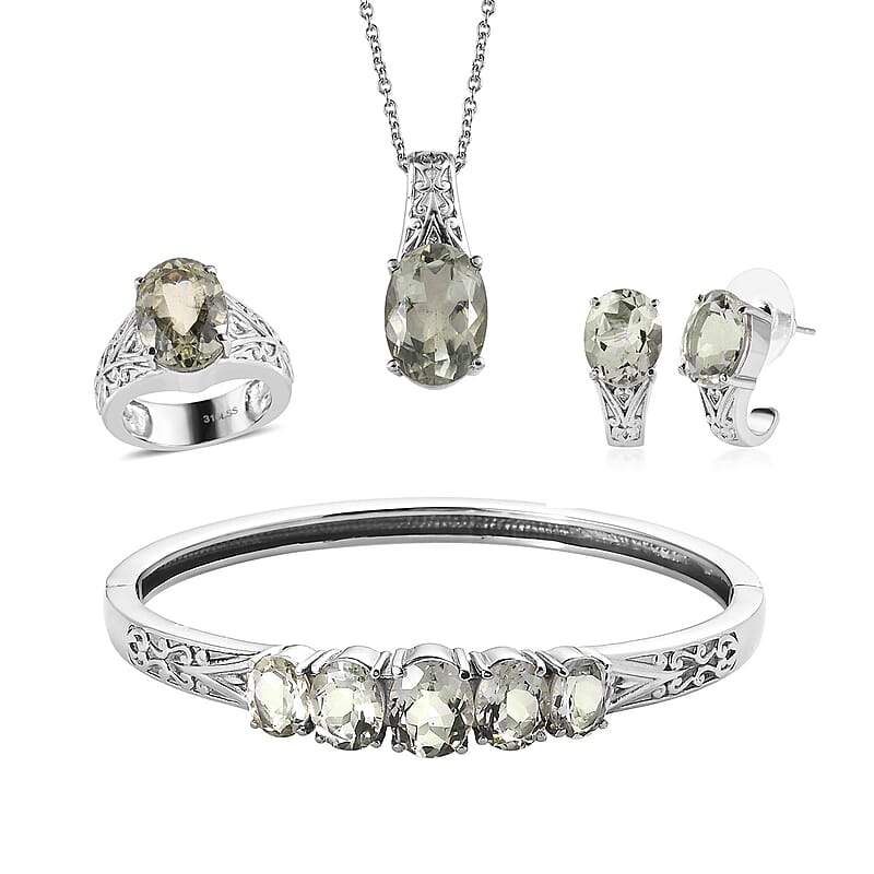 Montezuma Prasiolite 29.85 ctw Bangle Bracelet (7.25In), Earrings, Ring (Size 8.0) and Pendant Necklace 20 Inches in Stainless Steel
