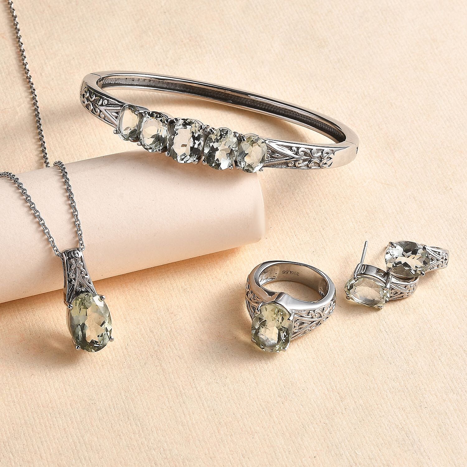Montezuma Prasiolite 29.85 ctw Bangle Bracelet (7.25In), Earrings, Ring (Size 8.0) and Pendant Necklace 20 Inches in Stainless Steel