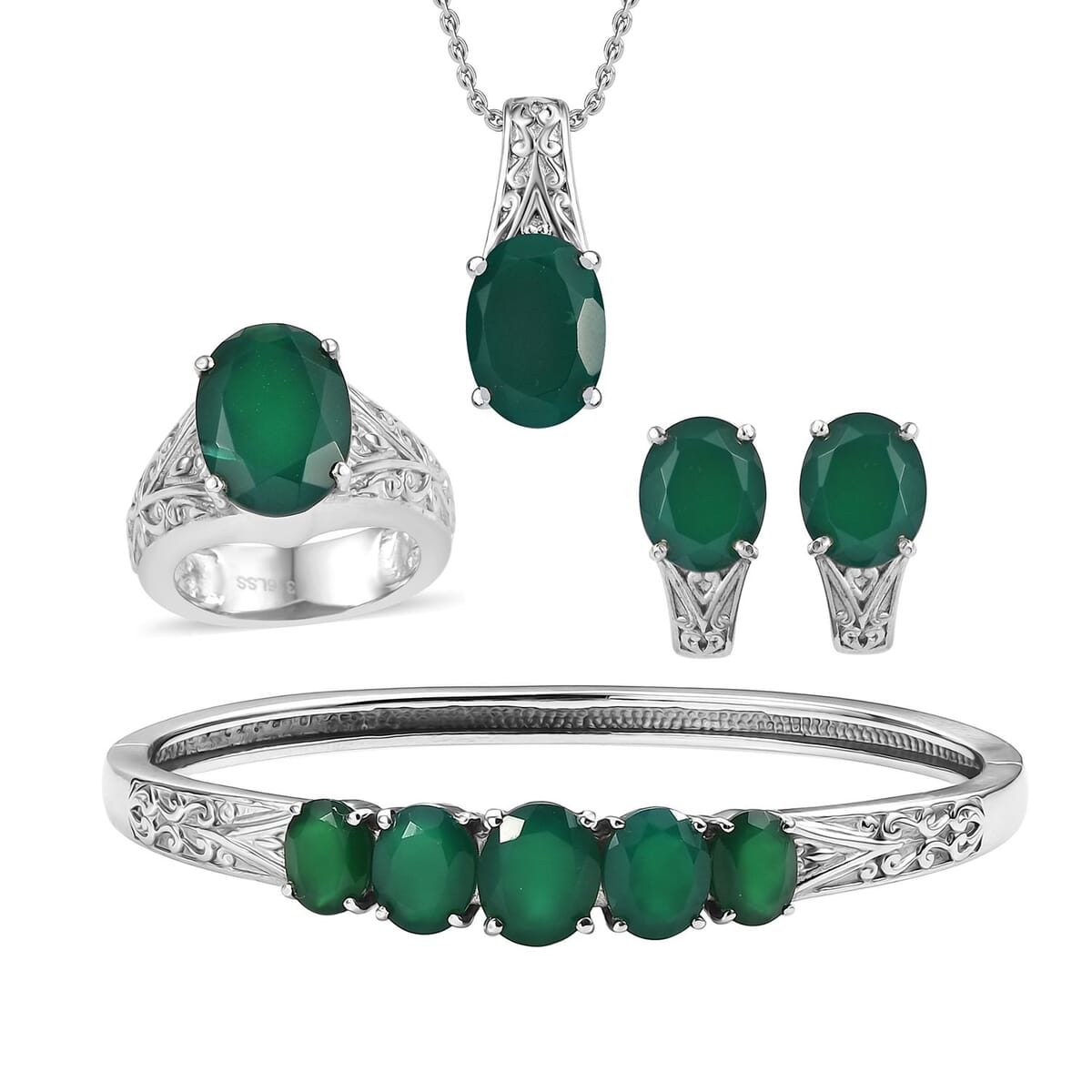 Green Onyx 28.65 ctw Bangle Bracelet (7.25In), Earrings, Ring (Size 8.0) and Pendant Necklace 20 Inches in Stainless Steel image number 0