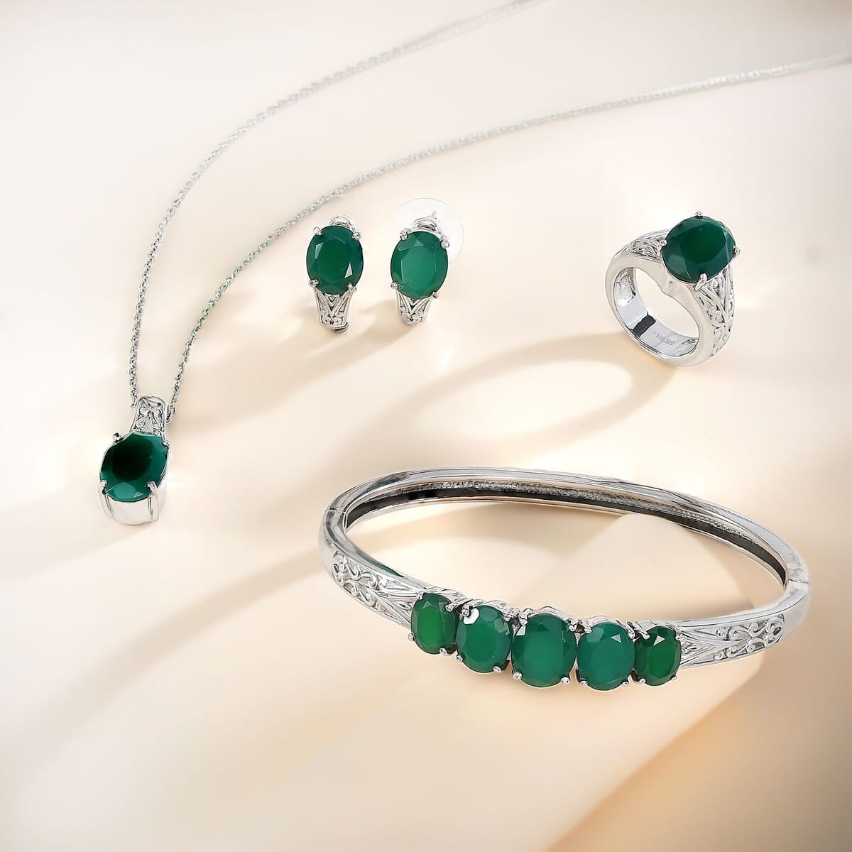Green Onyx 28.65 ctw Bangle Bracelet (7.25In), Earrings, Ring (Size 8.0) and Pendant Necklace 20 Inches in Stainless Steel image number 1