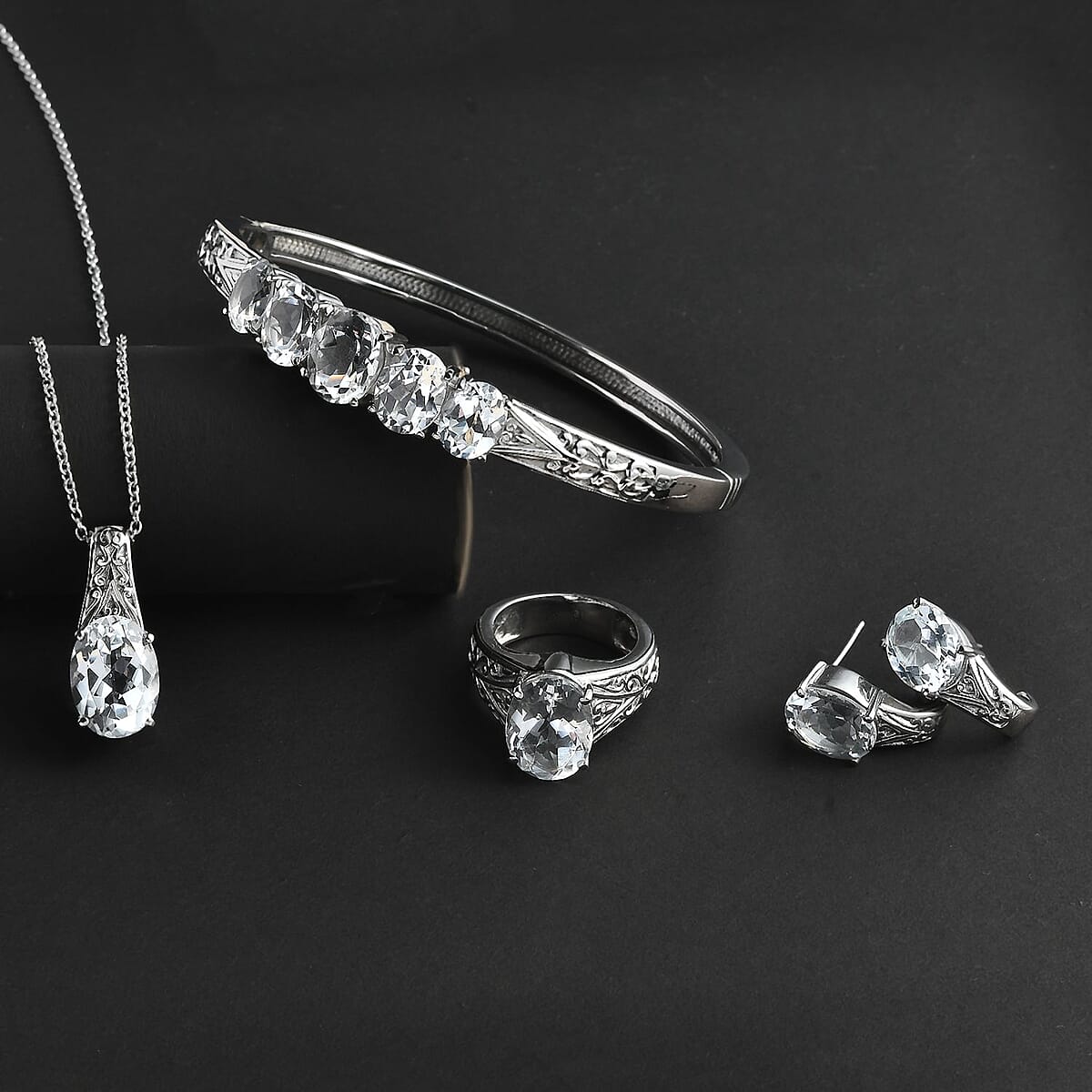 White Topaz 38.50 ctw Bangle Bracelet (7.25In), Earrings, Ring (Size 5.0) and Pendant Necklace 20 Inches in Stainless Steel image number 1