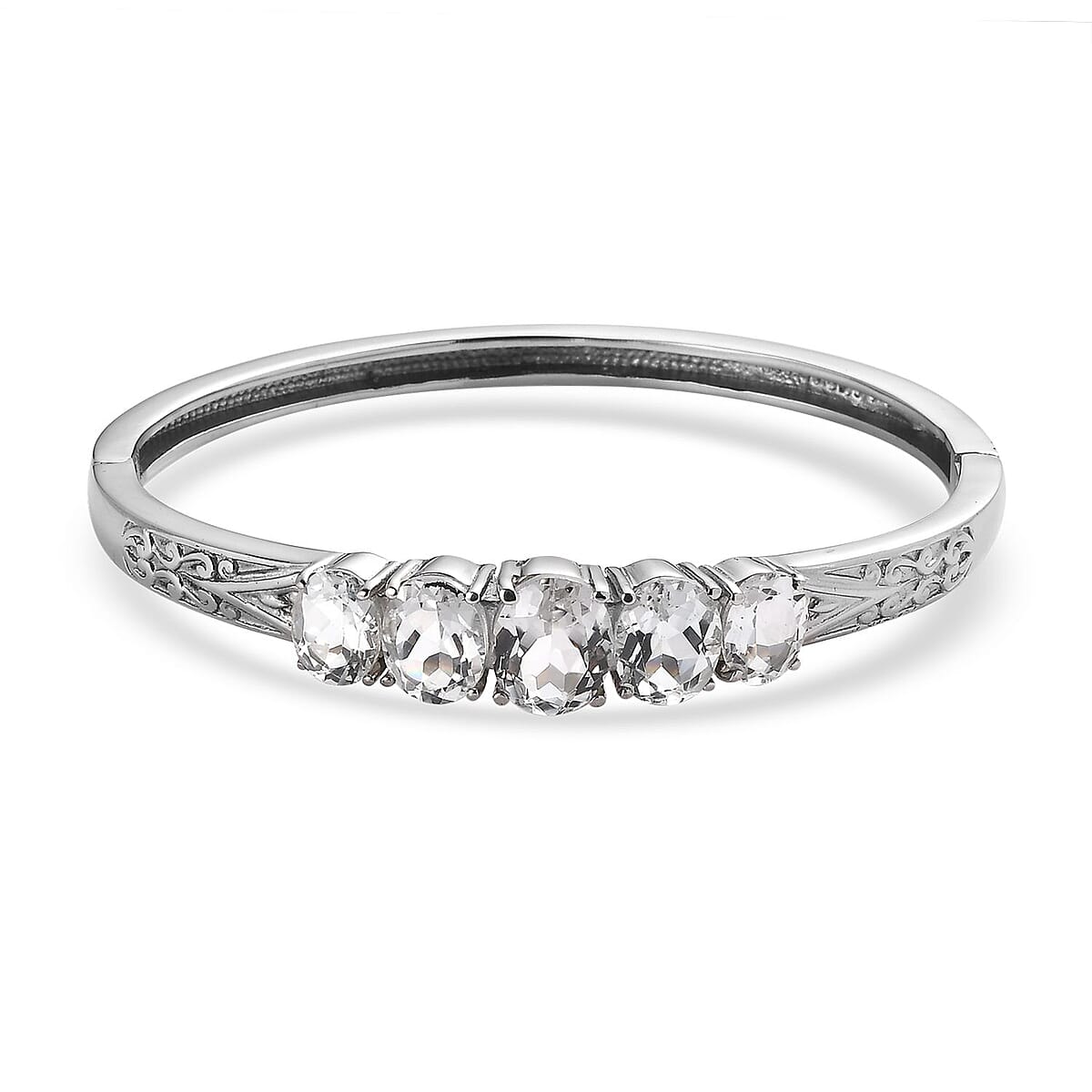 White Topaz 38.50 ctw Bangle Bracelet (7.25In), Earrings, Ring (Size 5.0) and Pendant Necklace 20 Inches in Stainless Steel image number 7