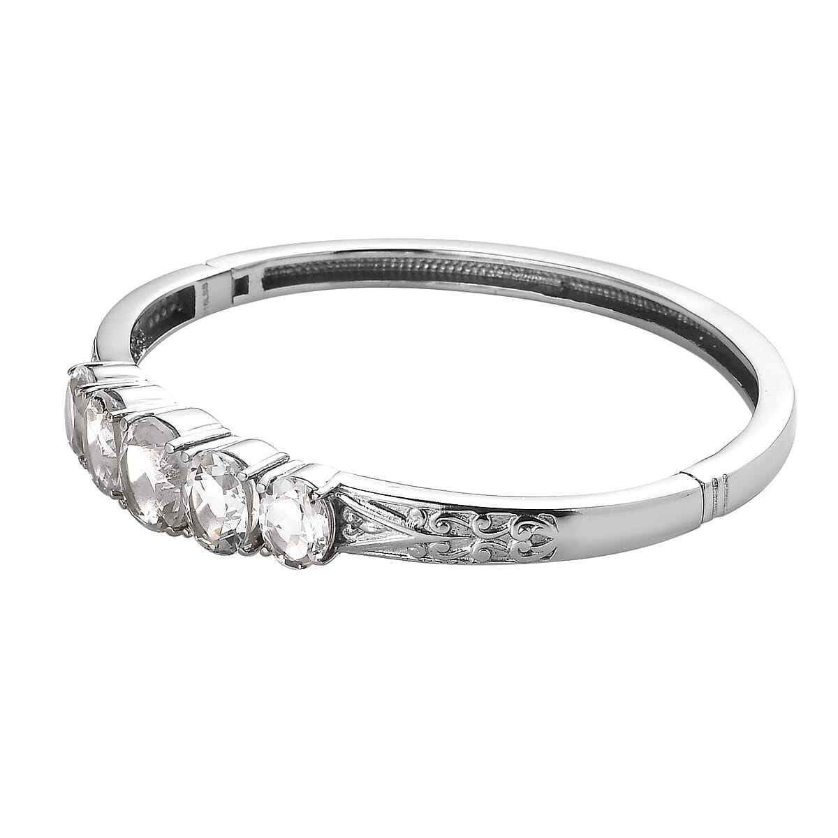 White Topaz 38.50 ctw Bangle Bracelet (7.25In), Earrings, Ring (Size 5.0) and Pendant Necklace 20 Inches in Stainless Steel image number 8