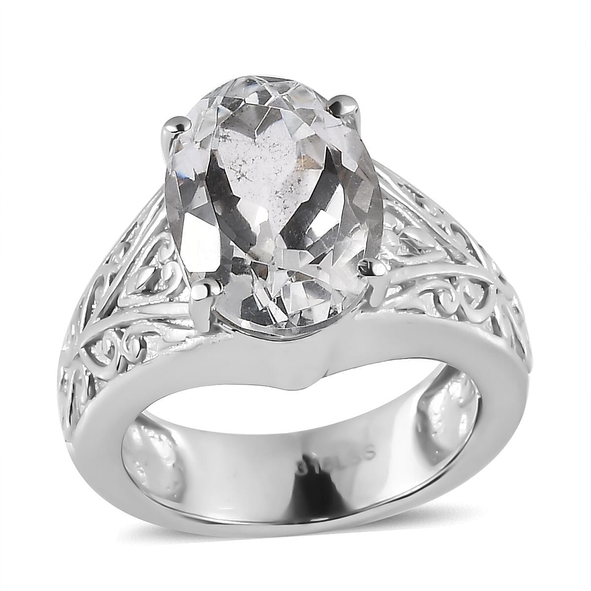 White Topaz 38.50 ctw Bangle Bracelet (7.25In), Earrings, Ring (Size 5.0) and Pendant Necklace 20 Inches in Stainless Steel image number 10