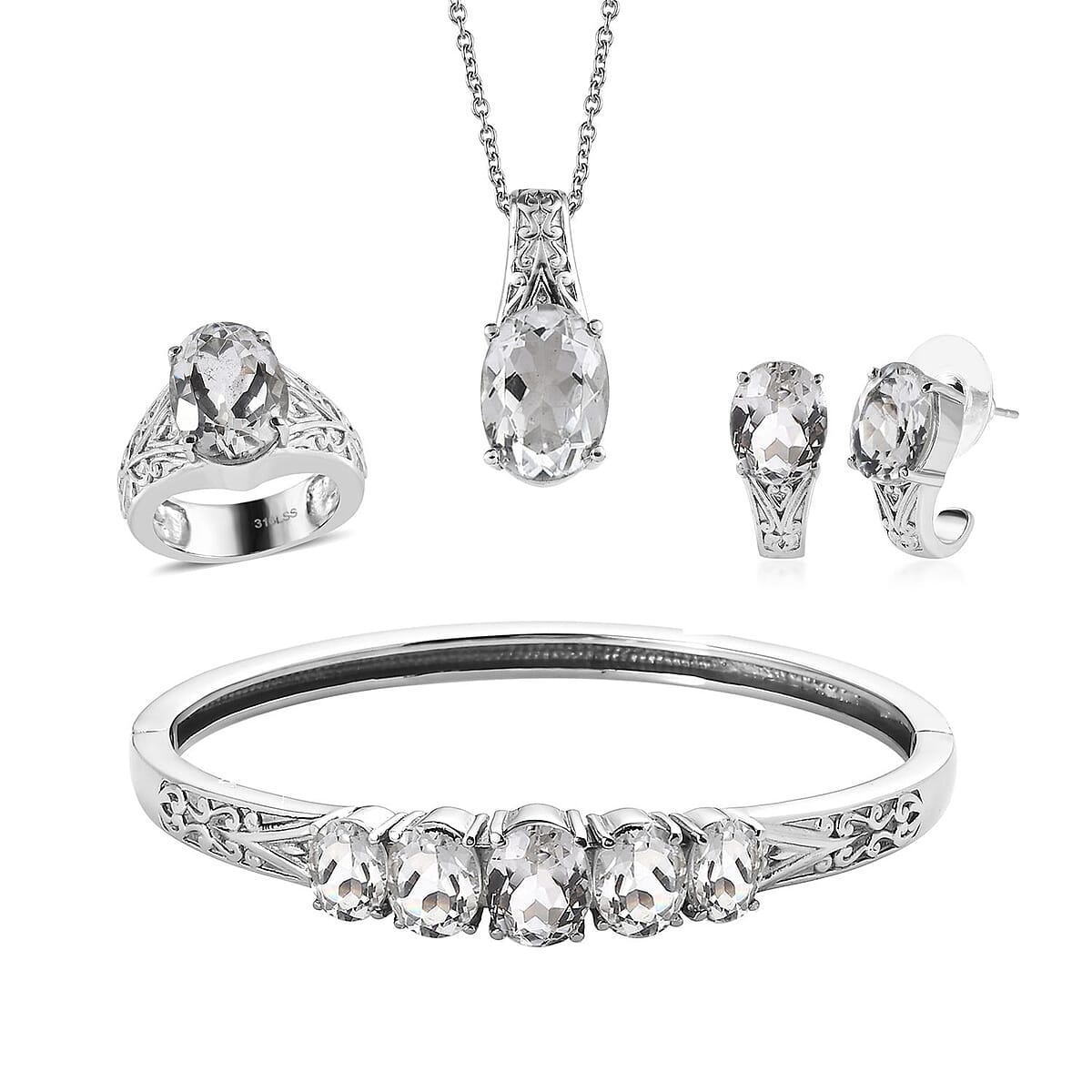 White Topaz 38.50 ctw Bangle Bracelet (7.25In), Earrings, Ring (Size 8.0) and Pendant Necklace 20 Inches in Stainless Steel image number 0
