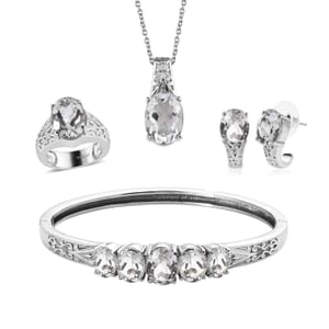 White Topaz 38.50 ctw Bangle Bracelet (7.25In), Earrings, Ring (Size 8.0) and Pendant Necklace 20 Inches in Stainless Steel
