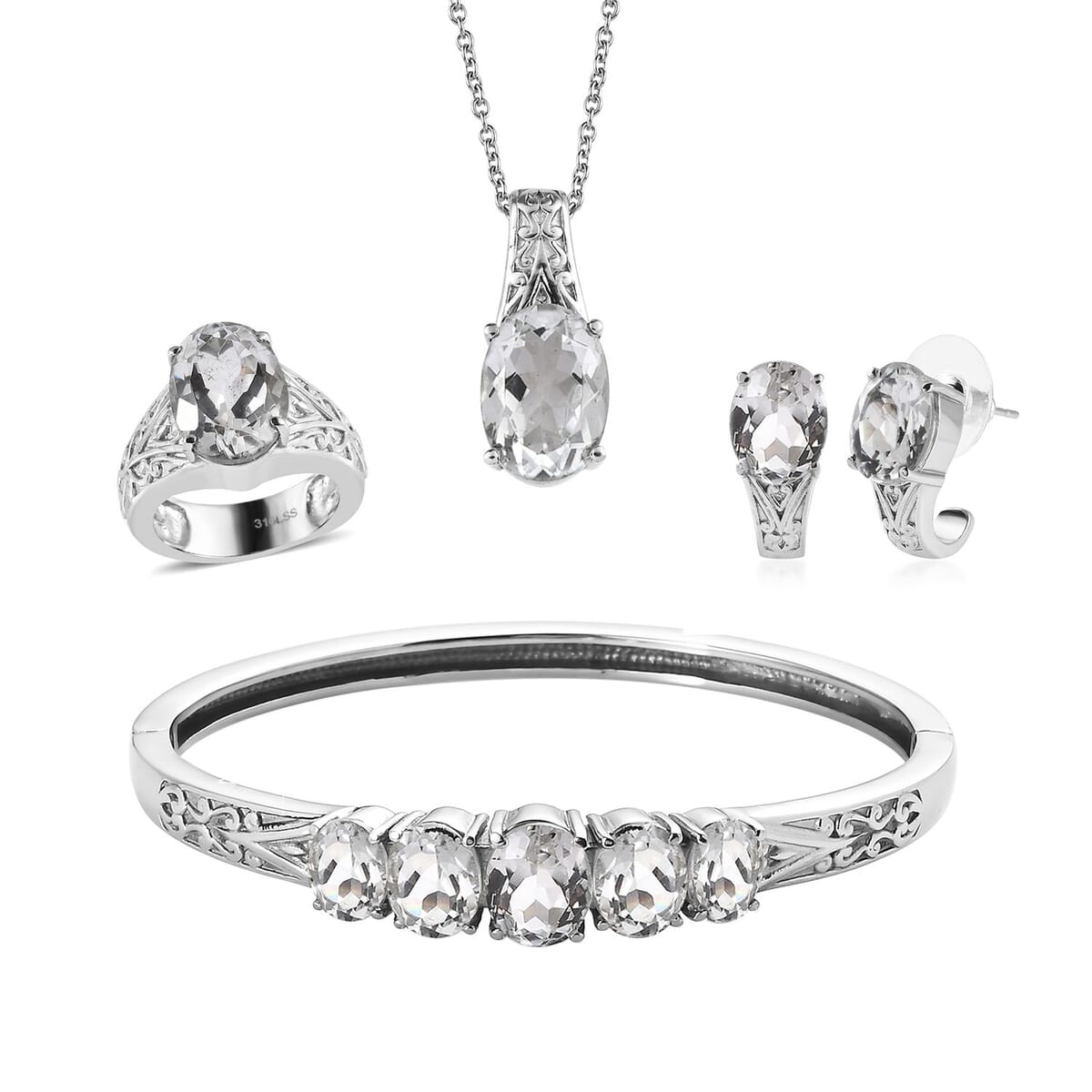 White Topaz 38.50 ctw Bangle Bracelet (7.25In), Earrings, Ring (Size 11.0) and Pendant Necklace 20 Inches in Stainless Steel image number 0