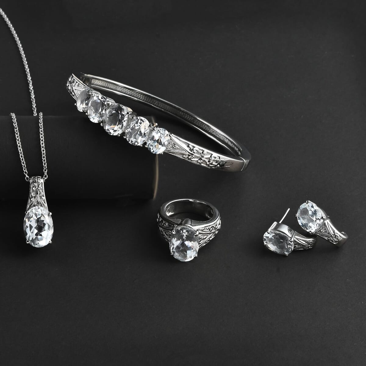 White Topaz 38.50 ctw Bangle Bracelet (7.25In), Earrings, Ring (Size 11.0) and Pendant Necklace 20 Inches in Stainless Steel image number 1