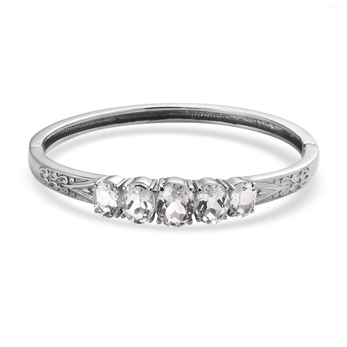White Topaz 38.50 ctw Bangle Bracelet (7.25In), Earrings, Ring (Size 11.0) and Pendant Necklace 20 Inches in Stainless Steel image number 7