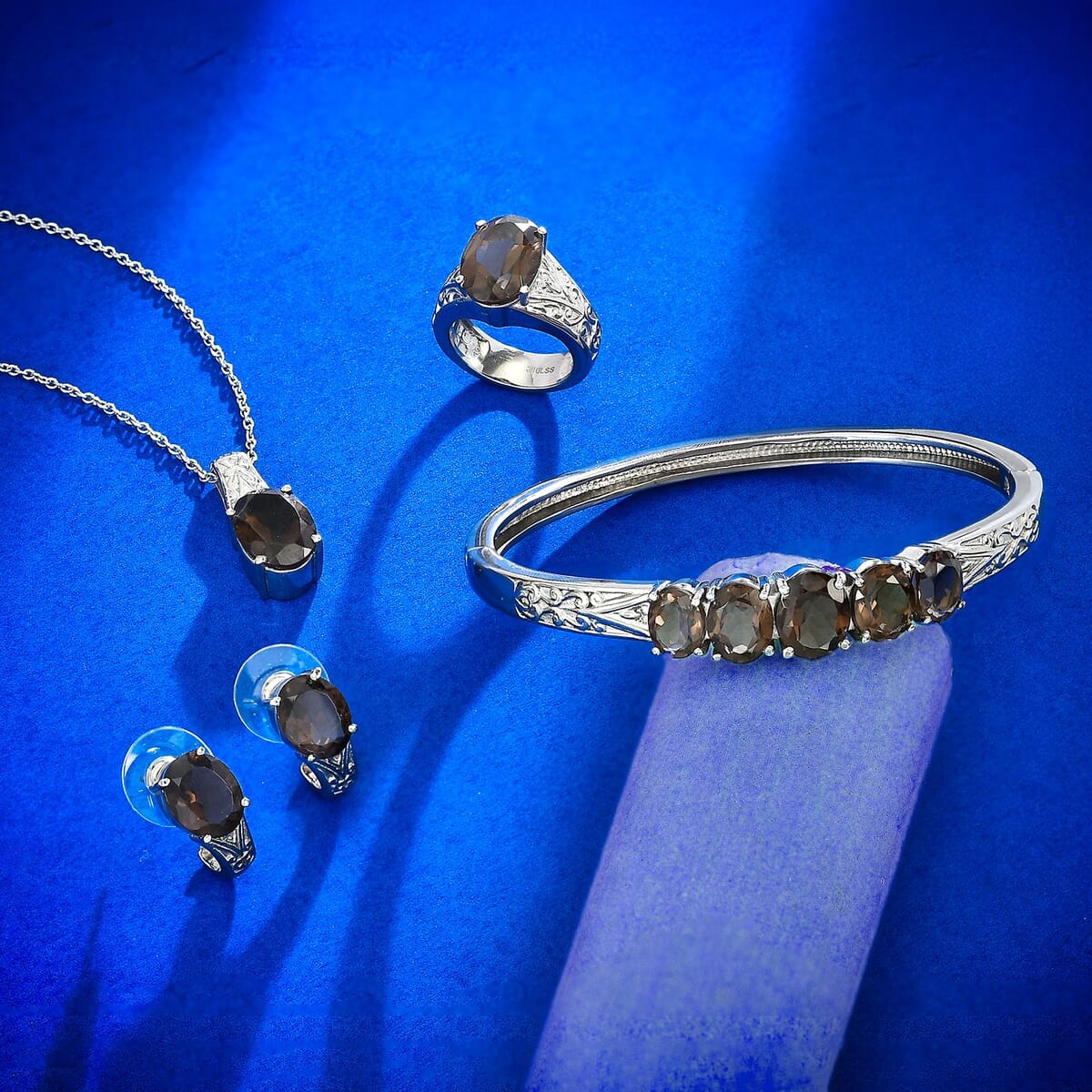 Brazilian Smoky Quartz 28.60 ctw Bangle Bracelet (7.25In), Earrings, Ring (Size 7.0) and Pendant Necklace 20 Inches in Stainless Steel image number 1