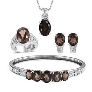 Brazilian Smoky Quartz 28.60 ctw Bangle Bracelet (7.25In), Earrings, Ring (Size 8.0) and Pendant Necklace 20 Inches in Stainless Steel