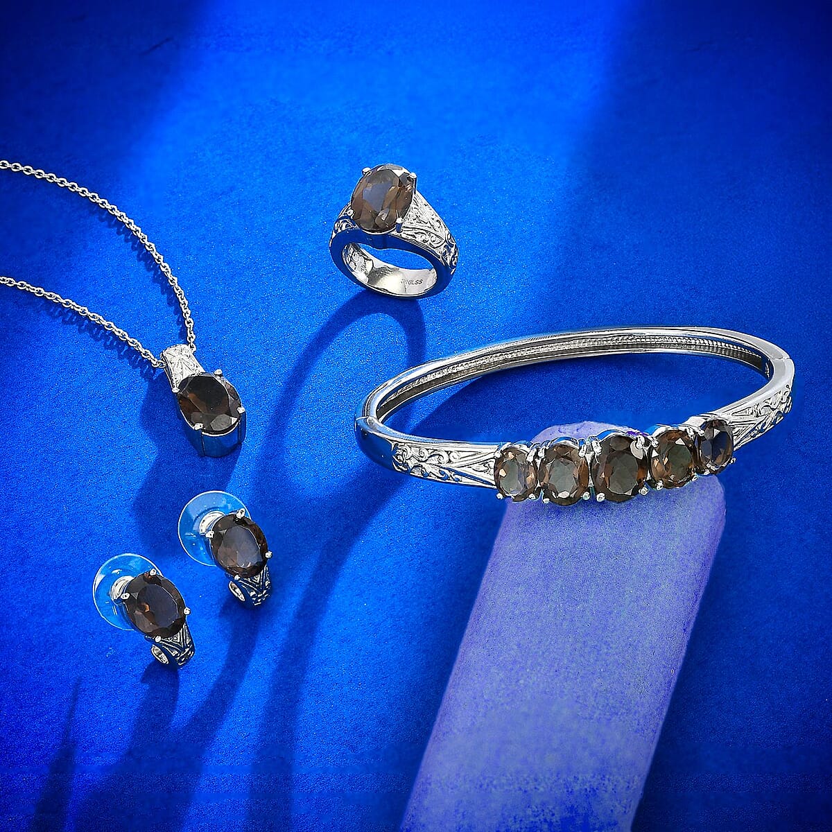 Brazilian Smoky Quartz 28.60 ctw Bangle Bracelet (7.25In), Earrings, Ring (Size 11.0) and Pendant Necklace 20 Inches in Stainless Steel image number 1