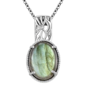 Madagascar Fire Labradorite 16.75 ctw Solitaire Pendant Necklace 20 Inches in Stainless Steel 