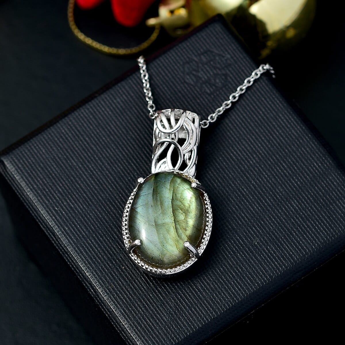 Madagascar Fire Labradorite 16.75 ctw Solitaire Pendant Necklace 20 Inches in Stainless Steel  image number 1