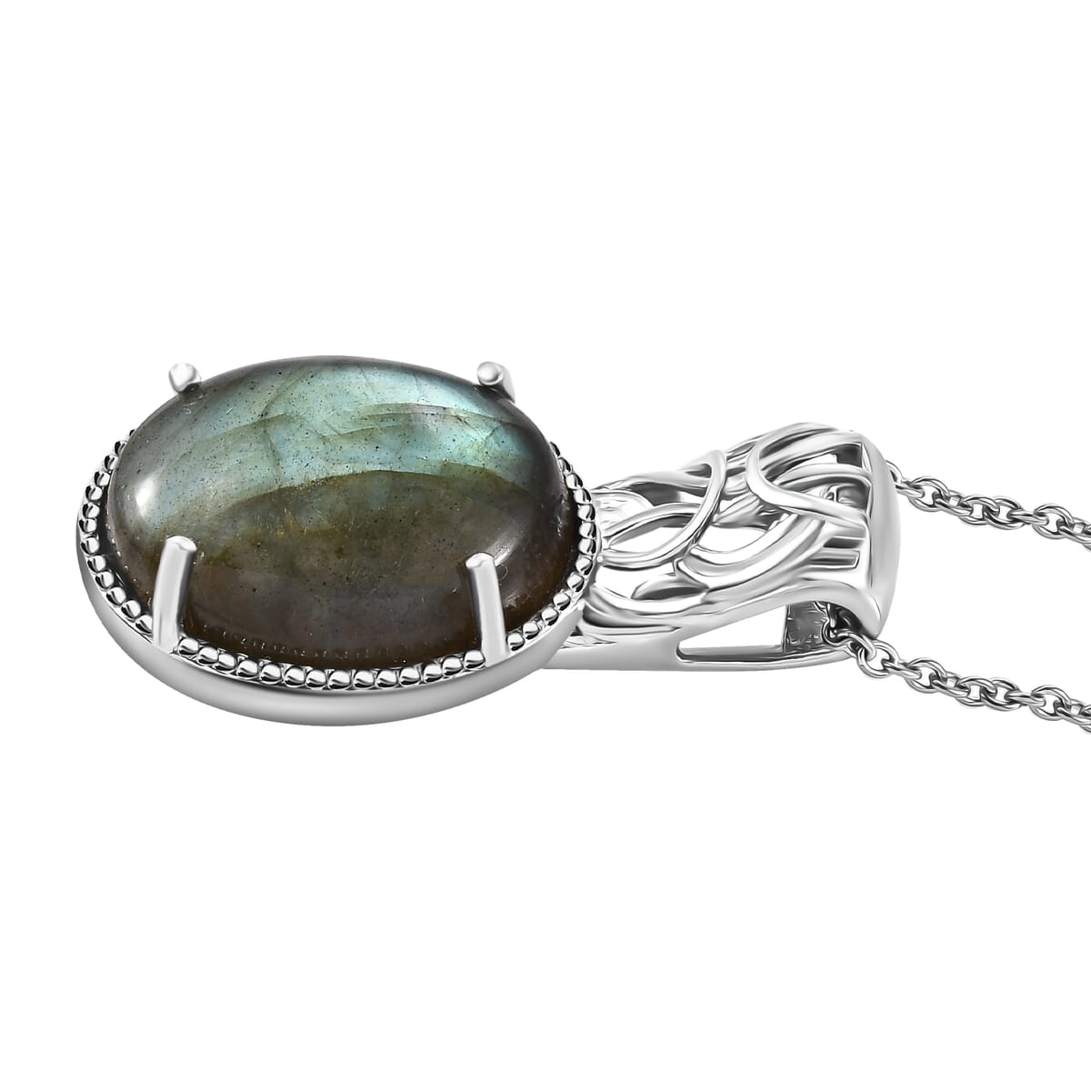 Madagascar Fire Labradorite 16.75 ctw Solitaire Pendant Necklace 20 Inches in Stainless Steel  image number 3