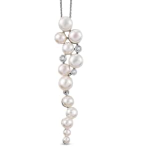 Freshwater Pearl and Moissanite 0.08 ctw Pendant Necklace in Platinum Over Sterling Silver 20 Inches