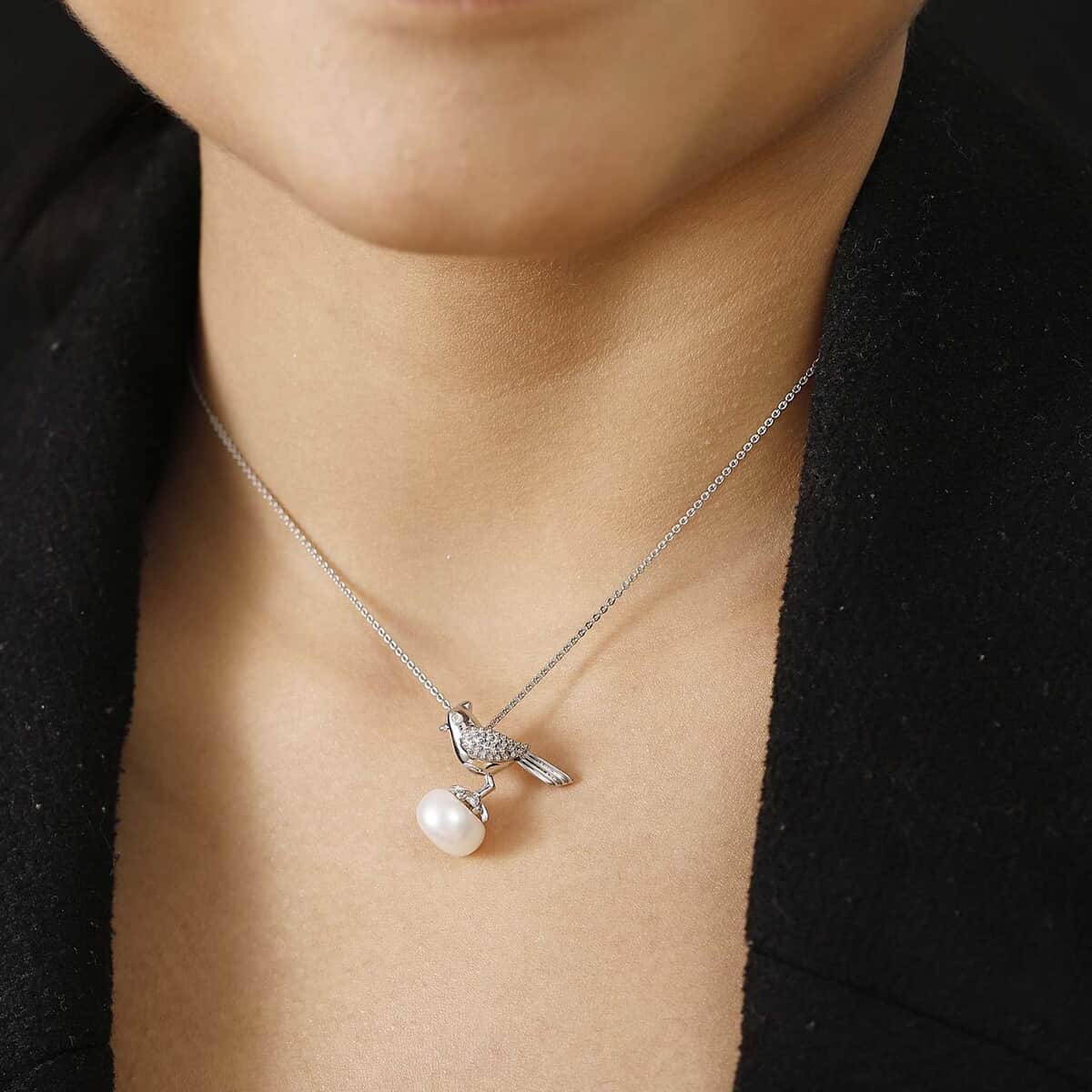 Freshwater Pearl and Moissanite Pendant Necklace in Platinum Over Sterling Silver 20 Inches image number 2